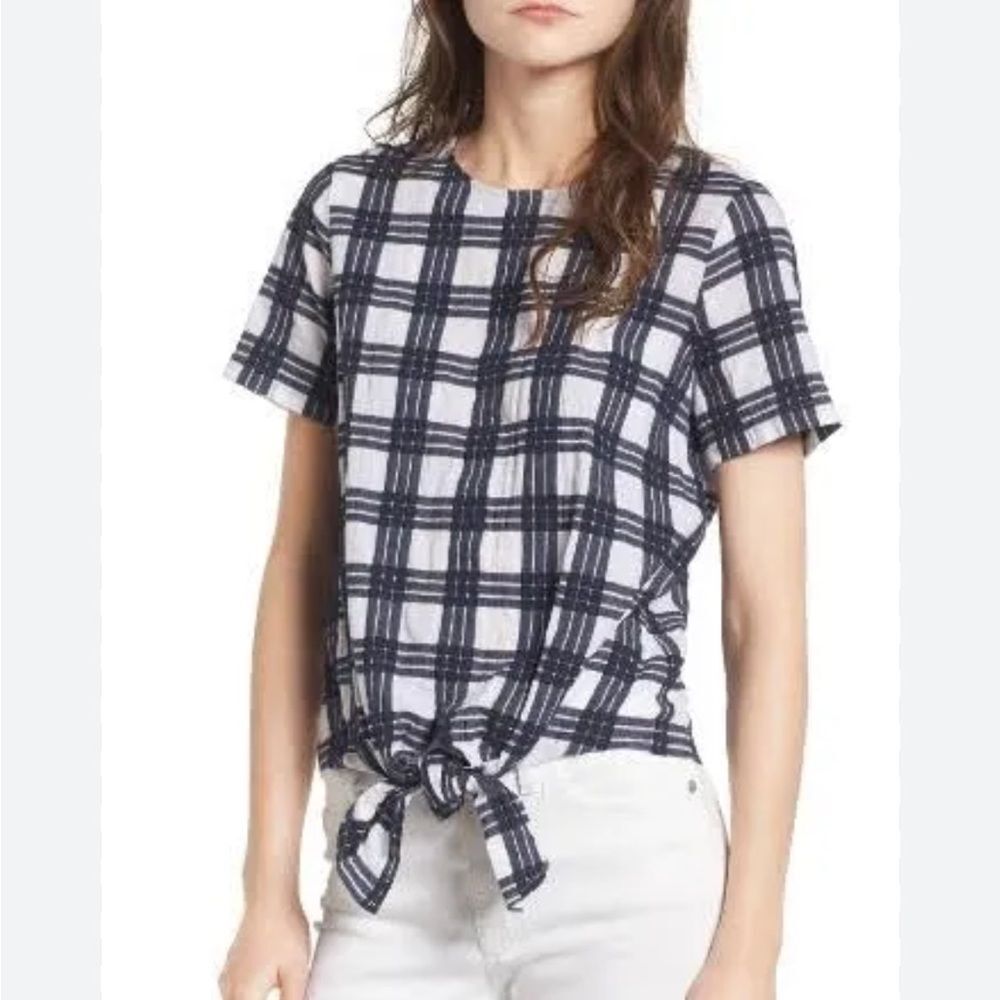 Madewell New Blue White Women's Size Small Plaid Tie Front Blouse